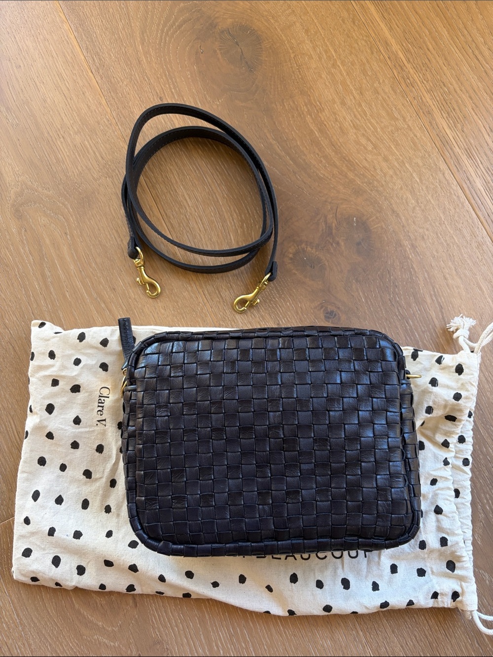 Clare V Woven Leather Midi Sac Crossbody in navy with Gold Hardware - NWT